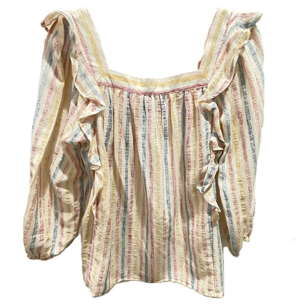 Chaps Small Ruffle‎ Front Blouse Stripe Long Sleeve Square Neck Cotton Blend